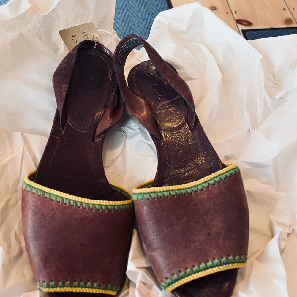 Prada Brown Sandals with Green and Yellow Accents